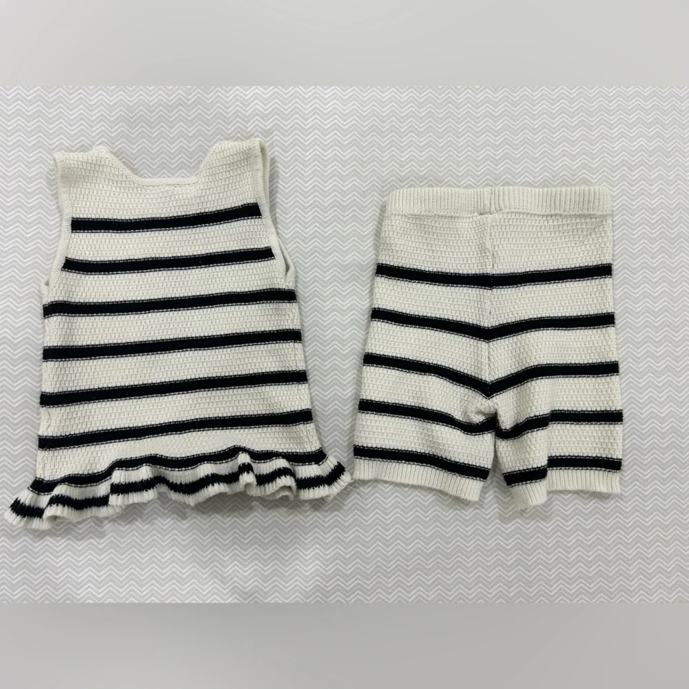 Disney Black & White Striped Minnie Knit Tank and Shorts Set with Pink Bow